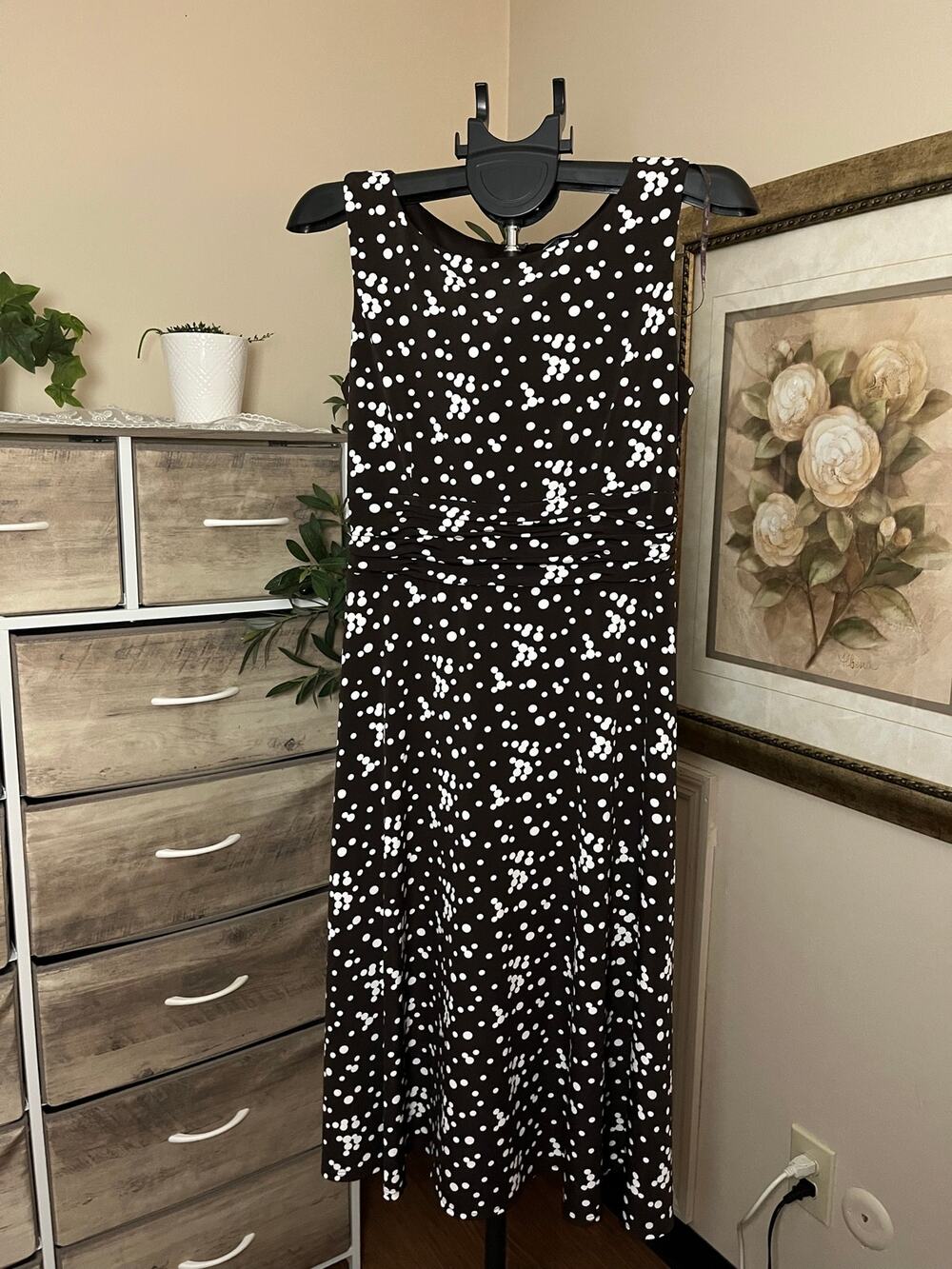 Jessica Howard Black & White Print Ruched Waist Midi Dress Size 8